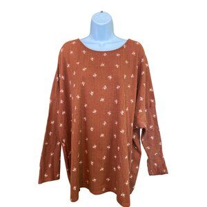 Misia Curvy Womens 2X Rust Brown Ribbed Floral Boho Cottagecore Fall Oversized